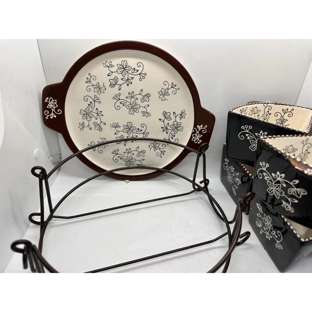 Temp-tations Tara Black Floral Lace 7 Pc Serving Set Rack Trivet Ovenware